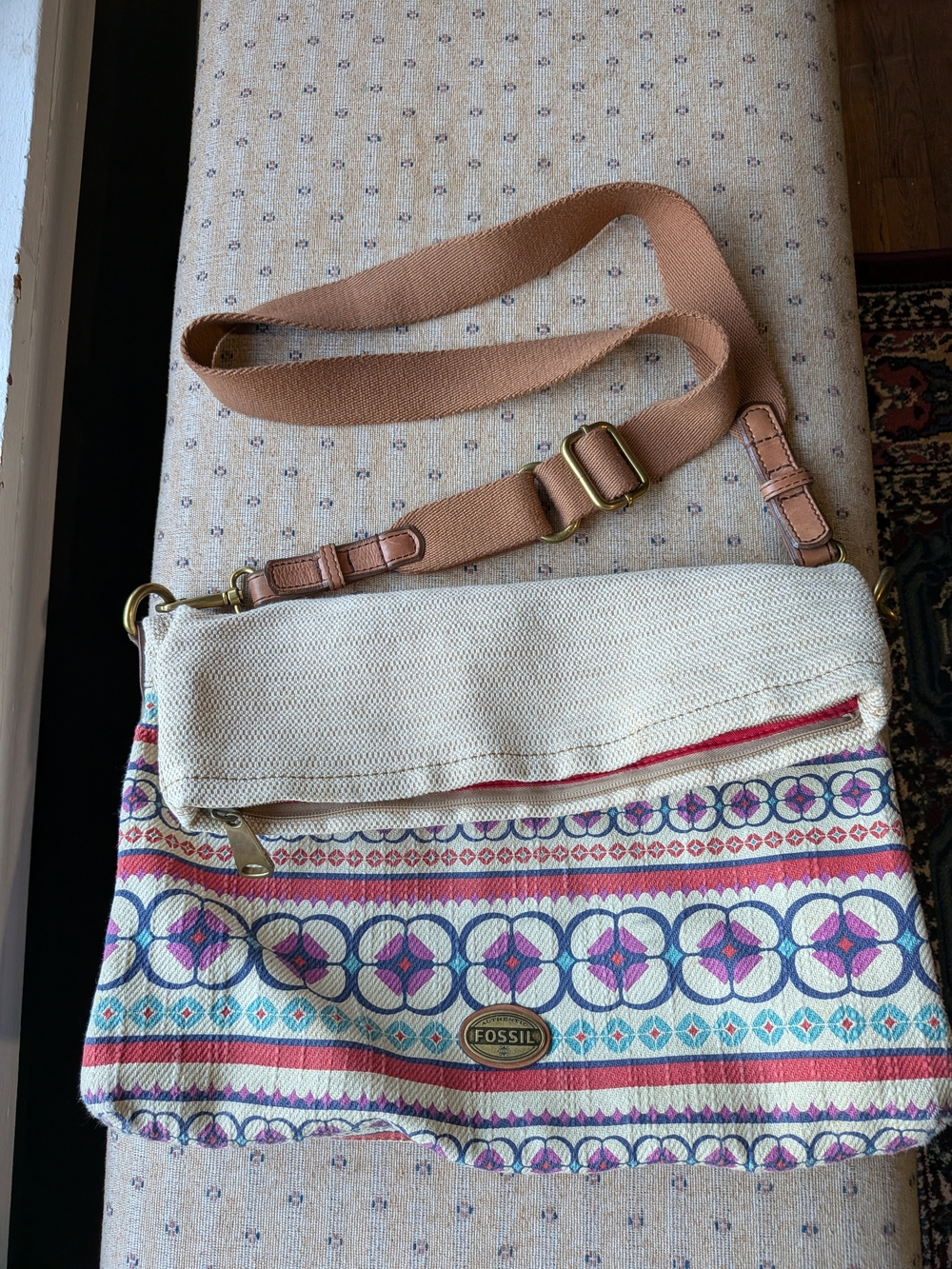 Fossil Women's Cream & Multicolor Canvas Crossbody Bag